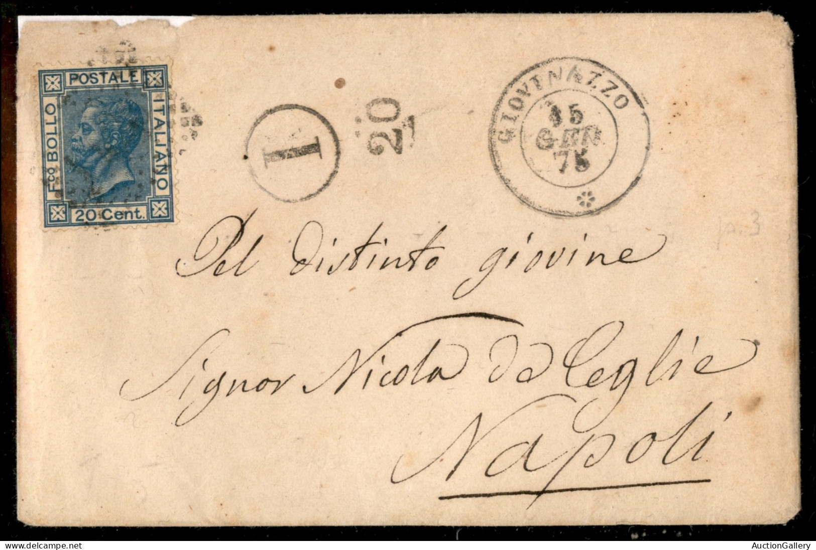 Regno - Vittorio Emanuele II - 20 Cent (26) Su Bustina Da Giovinazzo A Napoli Del 15.1.1875 Con Vari Timbri Di Distribuz - Otros & Sin Clasificación