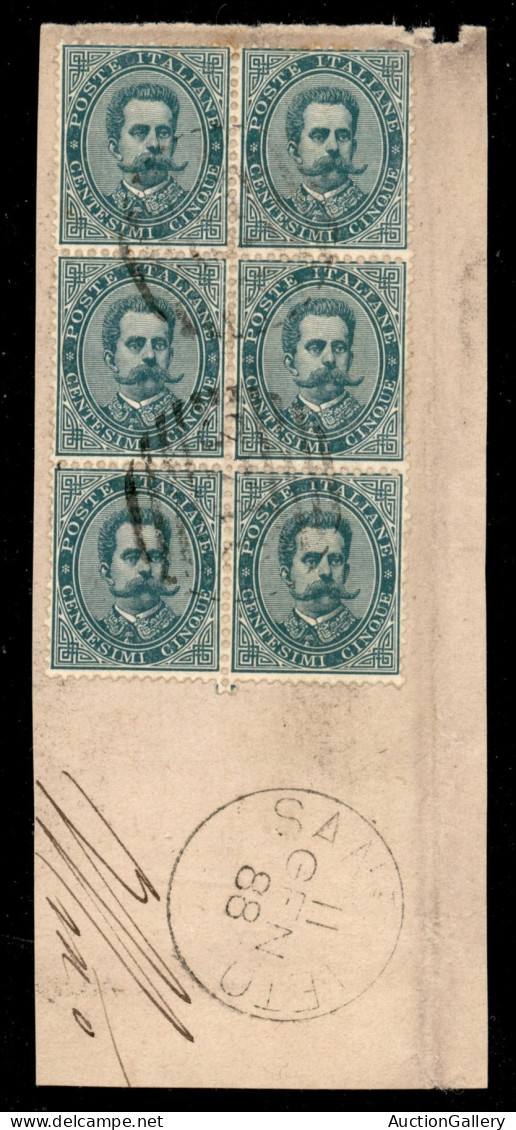 Regno - Umberto I - 1879 - 5 Cent (37) - Blocco Di 6 Su Frammento - Other & Unclassified