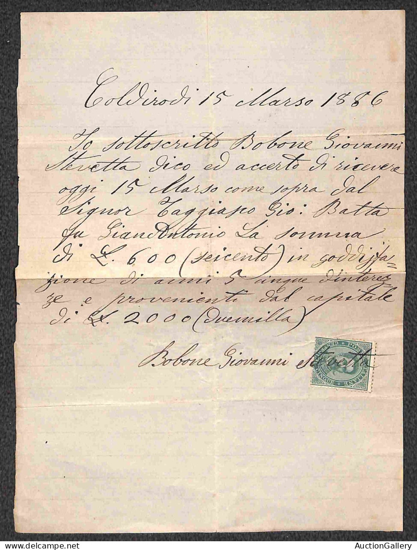 Regno - Umberto I - 5 Cent Umberto (37) Usato Fiscalmente Su Intera Ricevuta - Coldirodi 15.3.86 - Autres & Non Classés