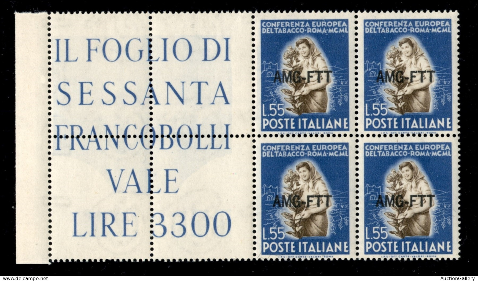 Trieste  - Trieste AMG FTT - 1950 - 55 Lire Tabacco (86) - Quartina Angolare Bordo Foglio Con Scritte Marginali - Gomma  - Andere & Zonder Classificatie