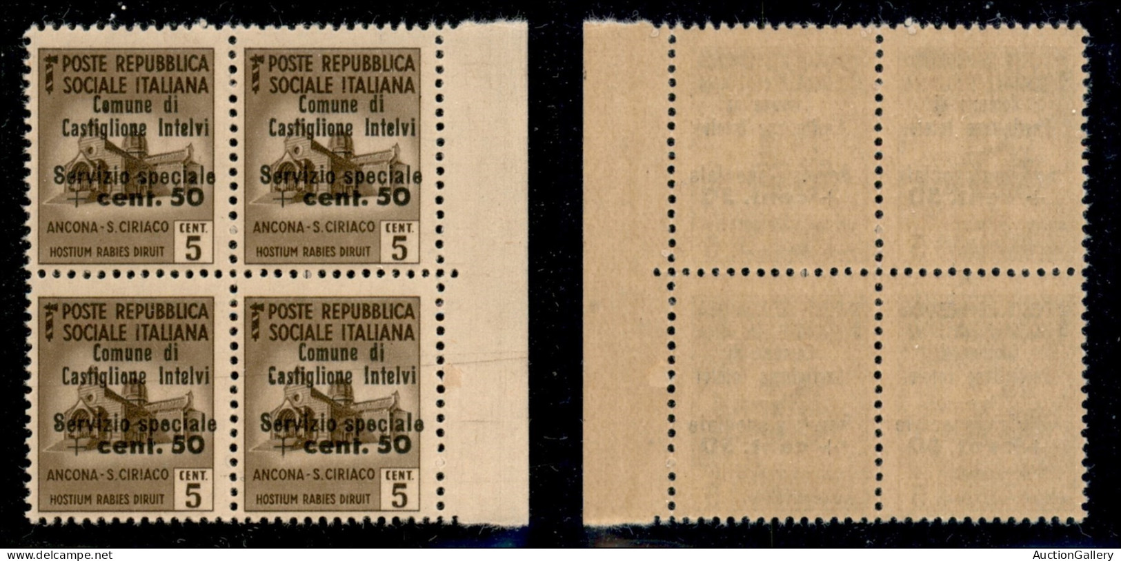 Emissioni Locali - Castiglione D'Intelvi - 1945 - 5 Cent + 50 (1) In Quartina Bordo Foglio - Gomma Integra (500+) - Autres & Non Classés