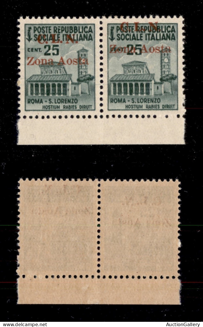 C.L.N. - Aosta - 1944 - 25 Cent (1+1b) - Coppia Orizzontale Con Soprastampa In Alto Nel Pezzo Di Destra - Gomma Integra  - Other & Unclassified