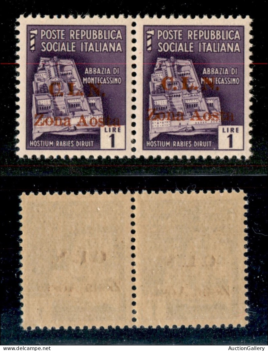 C.L.N. - Aosta - 1944 - 1 Lira (4) - Coppia Orizzontale Con Soprastampe Disallineate - Gomma Integra - Non Catalogata - Altri & Non Classificati