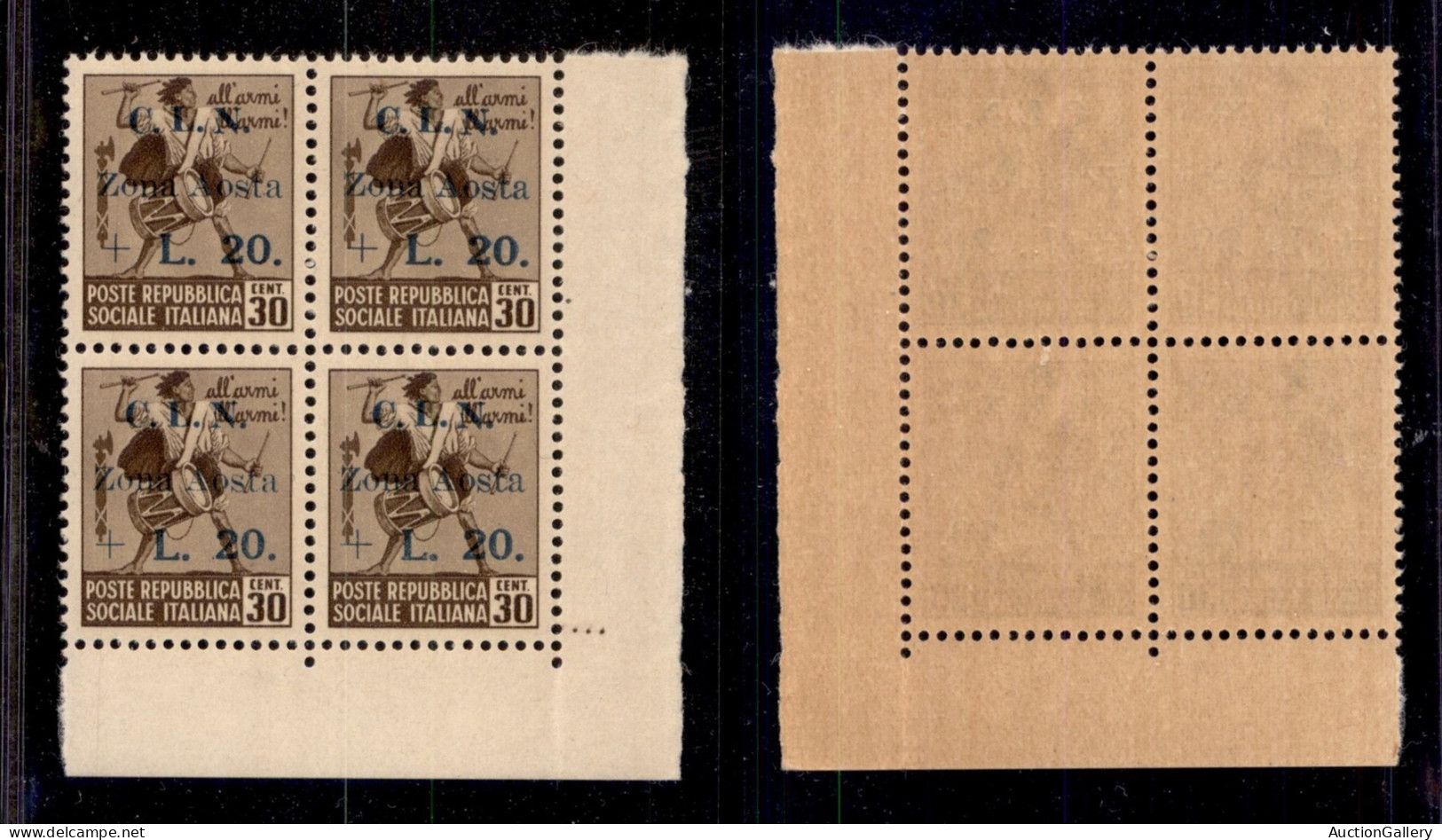 C.L.N. - Aosta - 1944 - 30 Cent + 20 Lire (7) - Quartina Angolare Con Soprastampa Ripetuta A Secco Sul Margine Destro -  - Autres & Non Classés