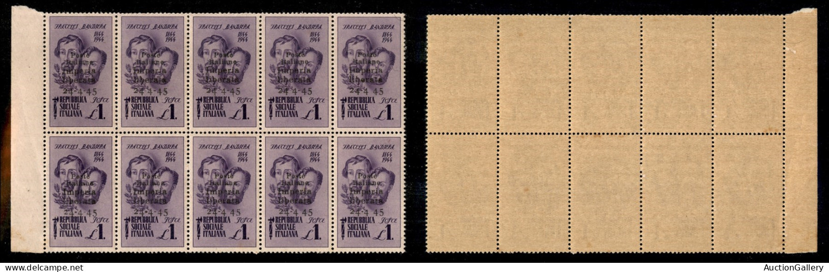 C.L.N. - Imperia - 1945 - 1 Lira Bandiera (14) - Blocco Orizzontale Di 10 - Quattro Senza Trattino Tra 4 E 45 - Gomma In - Other & Unclassified