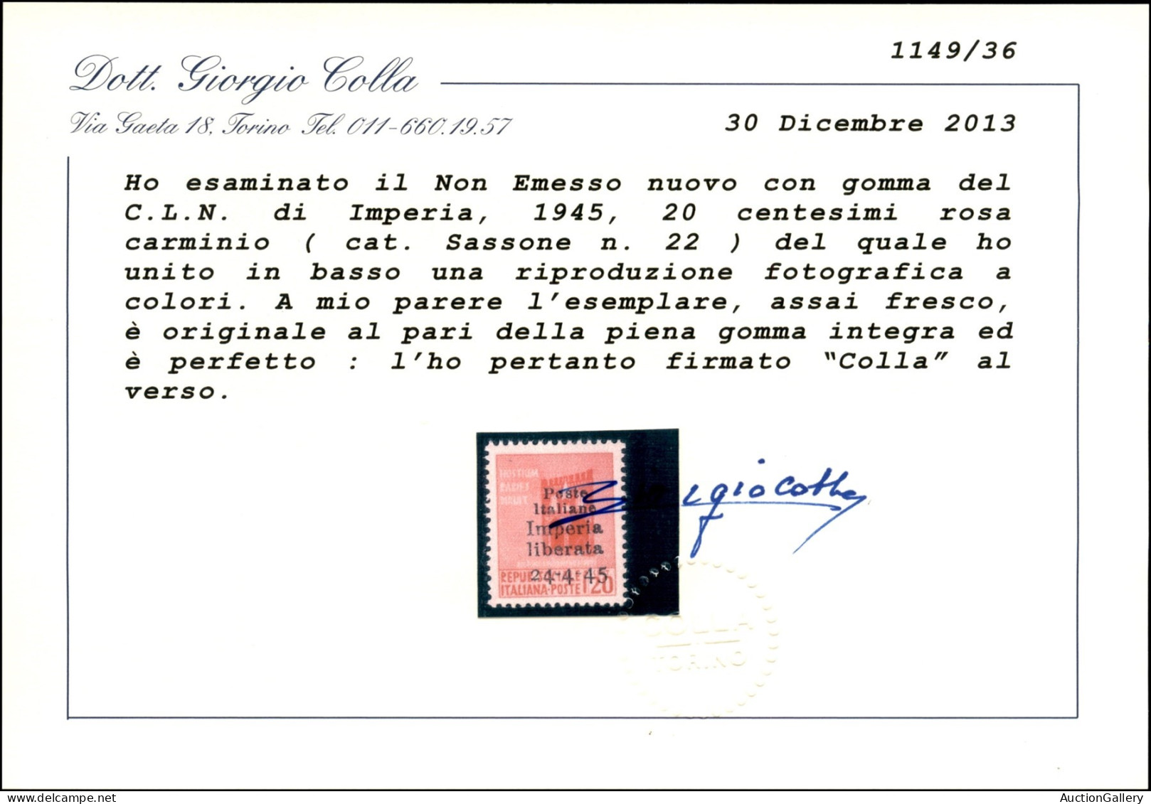 C.L.N. - Imperia - 1945 - Non Emesso - 20 Cent (22) - Gomma Integra - Cert Colla (1750) - Autres & Non Classés