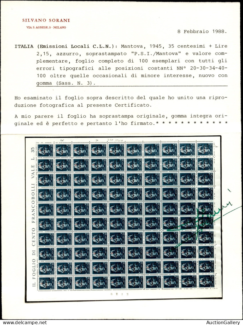 C.L.N. - Mantova - 1945 - 35 Cent + 2,15 Lire (3) - Intero Foglio Di 100 Con Tutti Gli Errori Di Composizione - Gomma In - Otros & Sin Clasificación
