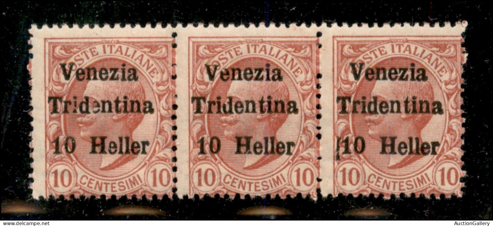 Occupazioni I Guerra Mondiale - Trentino-Alto Adige - 1918 - 10 Heller Su 10 Cent (29) - Striscia Di 3 Con Spazio Tipogr - Andere & Zonder Classificatie