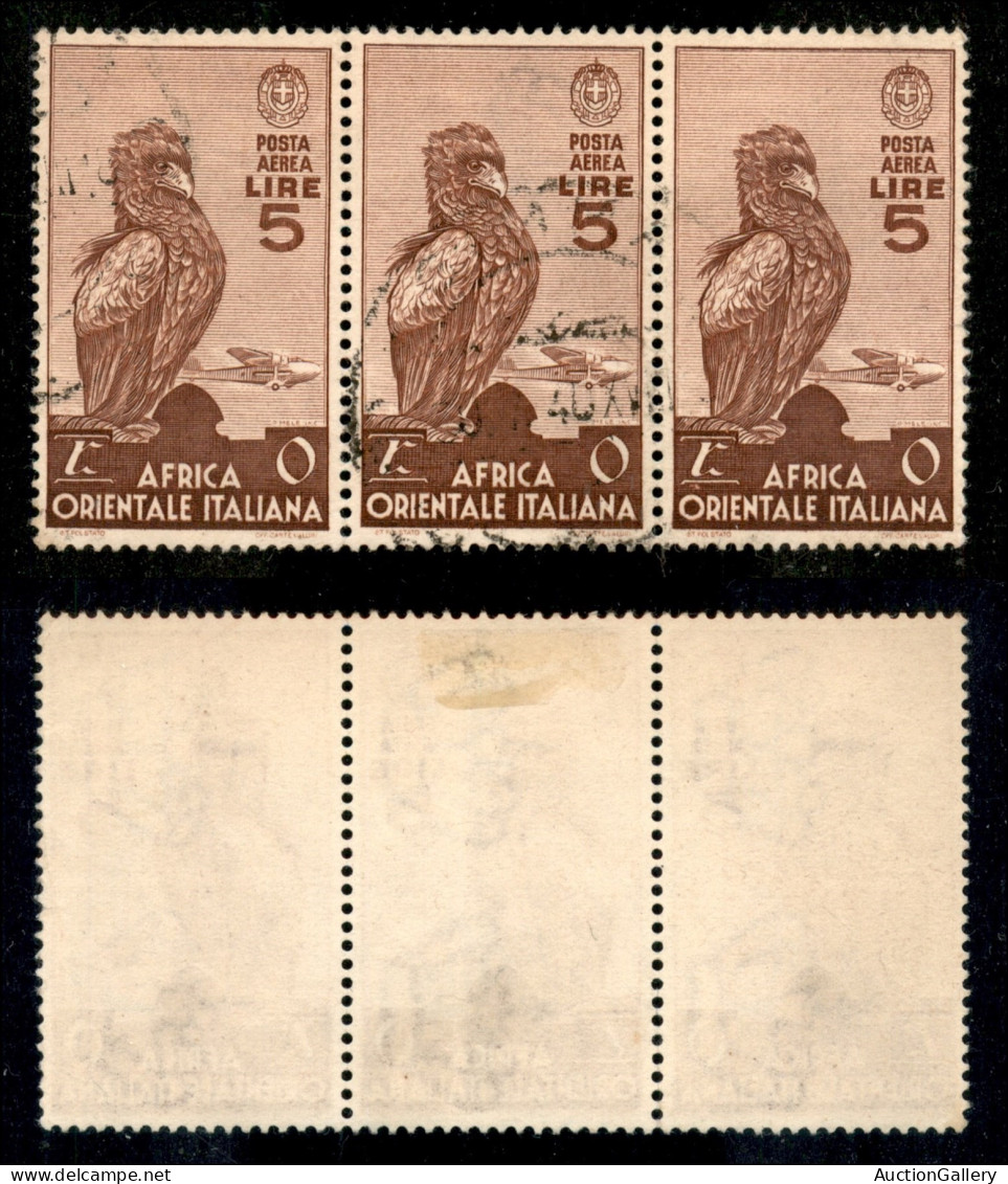 Colonie - Africa Orientale Italiana - 1938 - 5 Lire Posta Aerea (9) - Striscia Di 3 Usata (255+) - Autres & Non Classés