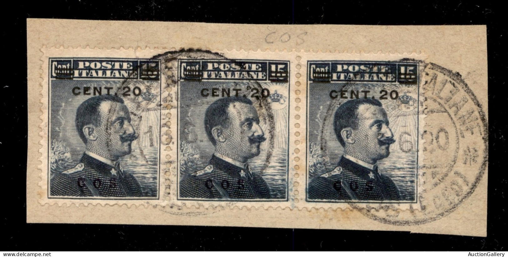 Colonie - Egeo - Coo - 1916 - 20 Cent Su 15 (8) - Striscia Di 3 Usata Su Frammento (150+) - Sonstige & Ohne Zuordnung