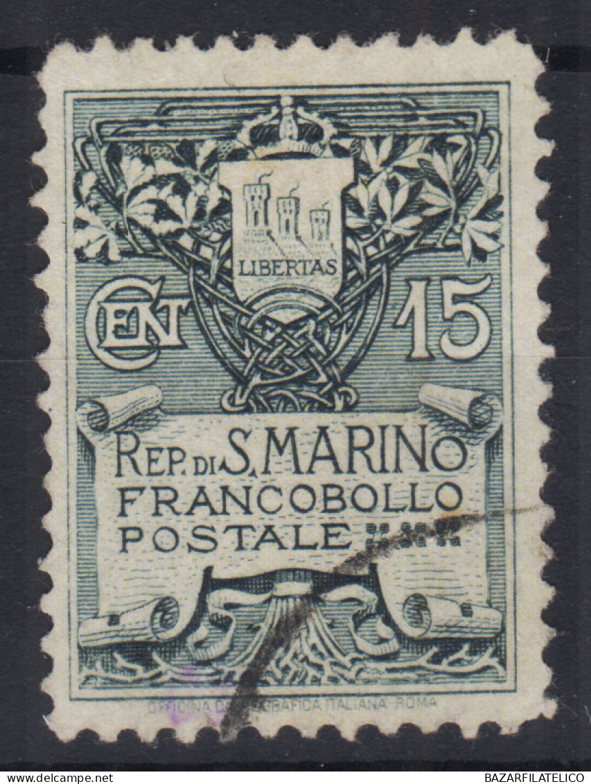 SAN MARINO 1907 STEMMA 15 CENTESIMI N.48 USATO CENTRATO - Used Stamps