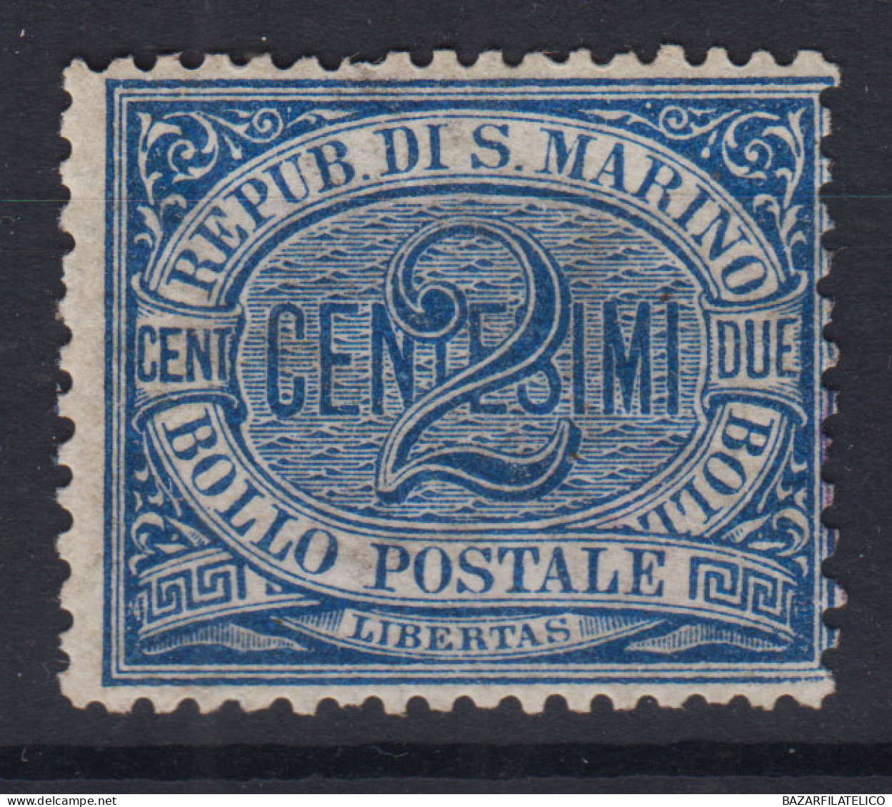 SAN MARINO 1892-94 2 CENTESIMI AZZURRO N.12 G.O MH* - Ungebraucht