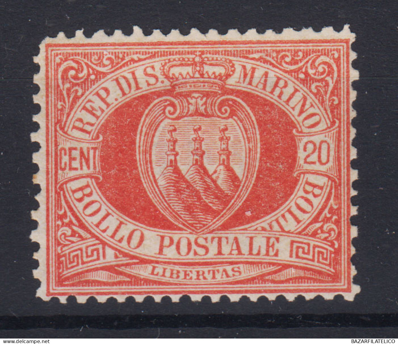 SAN MARINO 1877-90 20 CENTESIMI ROSSO N.4 G.O MLH* BUONA CENTRATURA - Nuovi