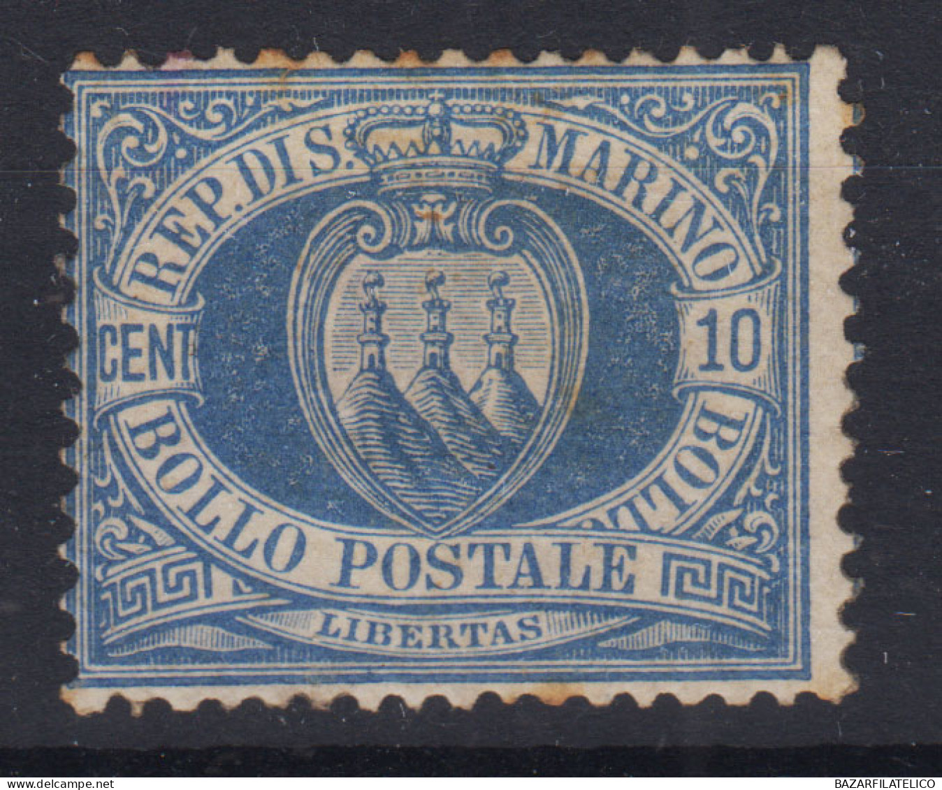 SAN MARINO 1877-90 10 CENTESIMI OLTREMARE N.3 G.O MH* BUONA CENTRATURA - Nuovi