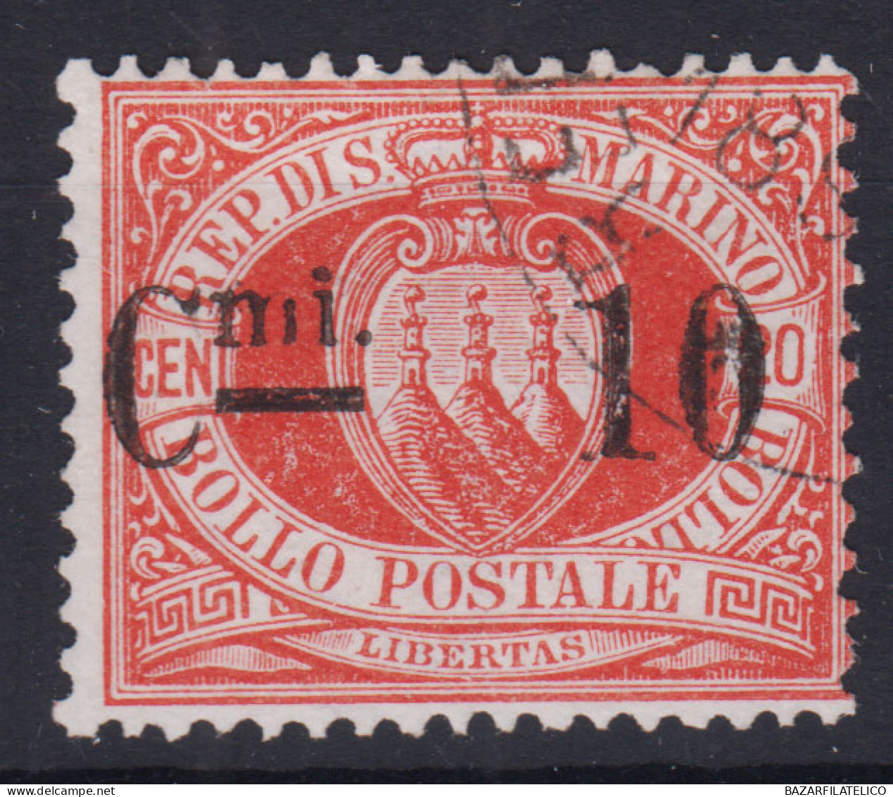 SAN MARINO 1892 10 CENT. SU 20 CENT. N.10 USATO - Used Stamps