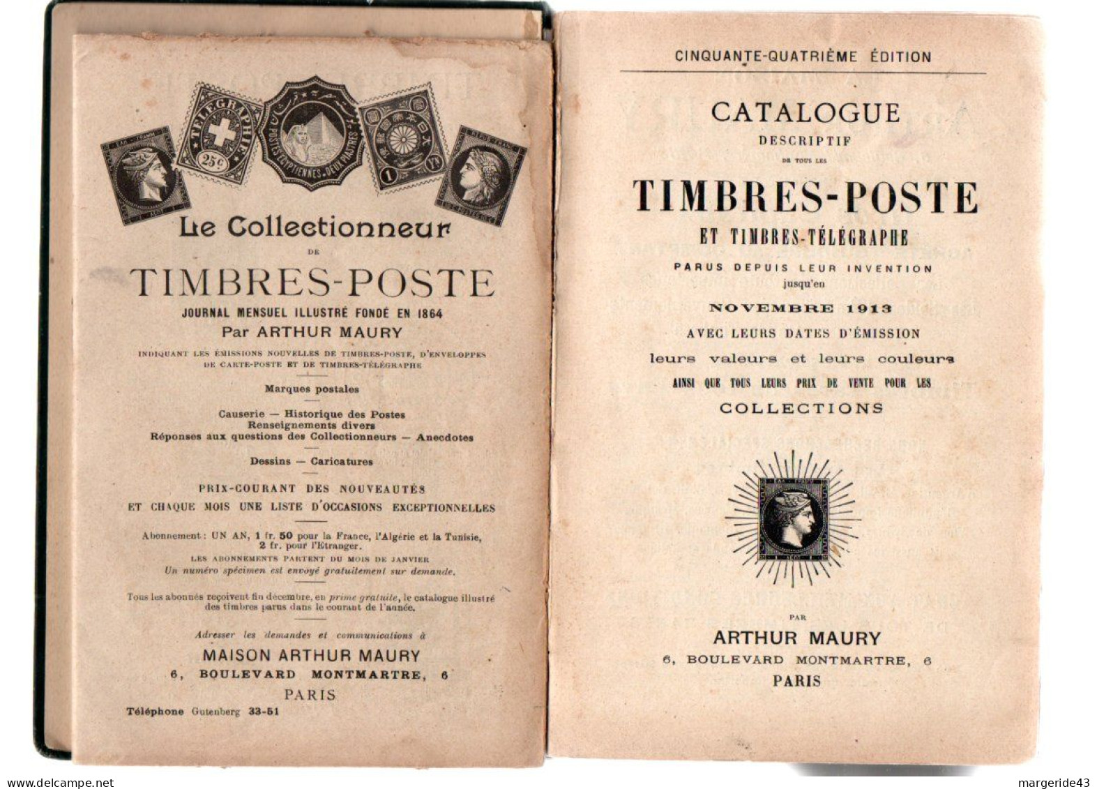 CATALOGUE ARTHUR MAURY TIMBRES MONDE ENTIER 1913 - Frankrijk