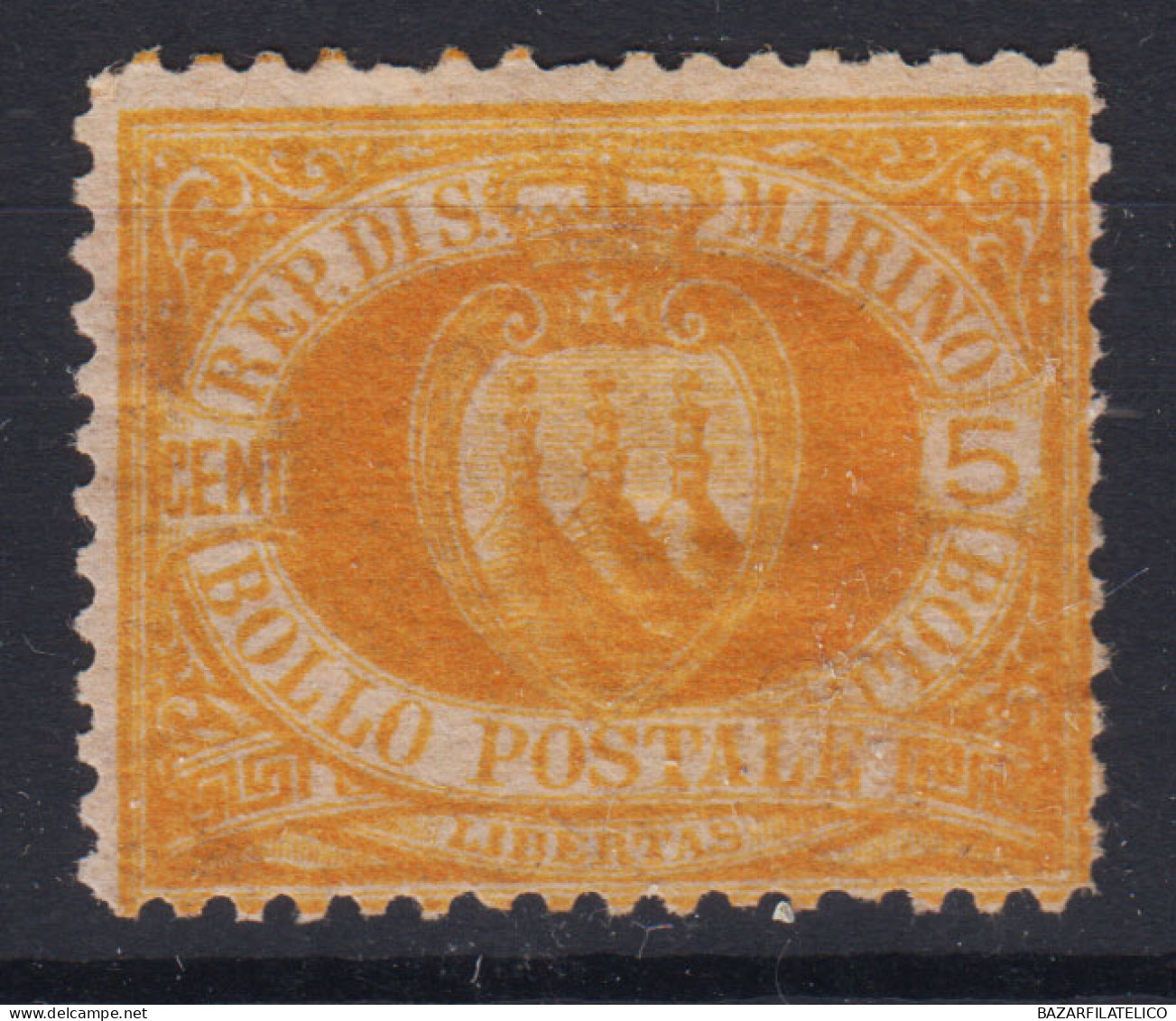 SAN MARINO 1877-90 5 CENTESIMI ARANCIO N.2a G.O MH* - Nuovi