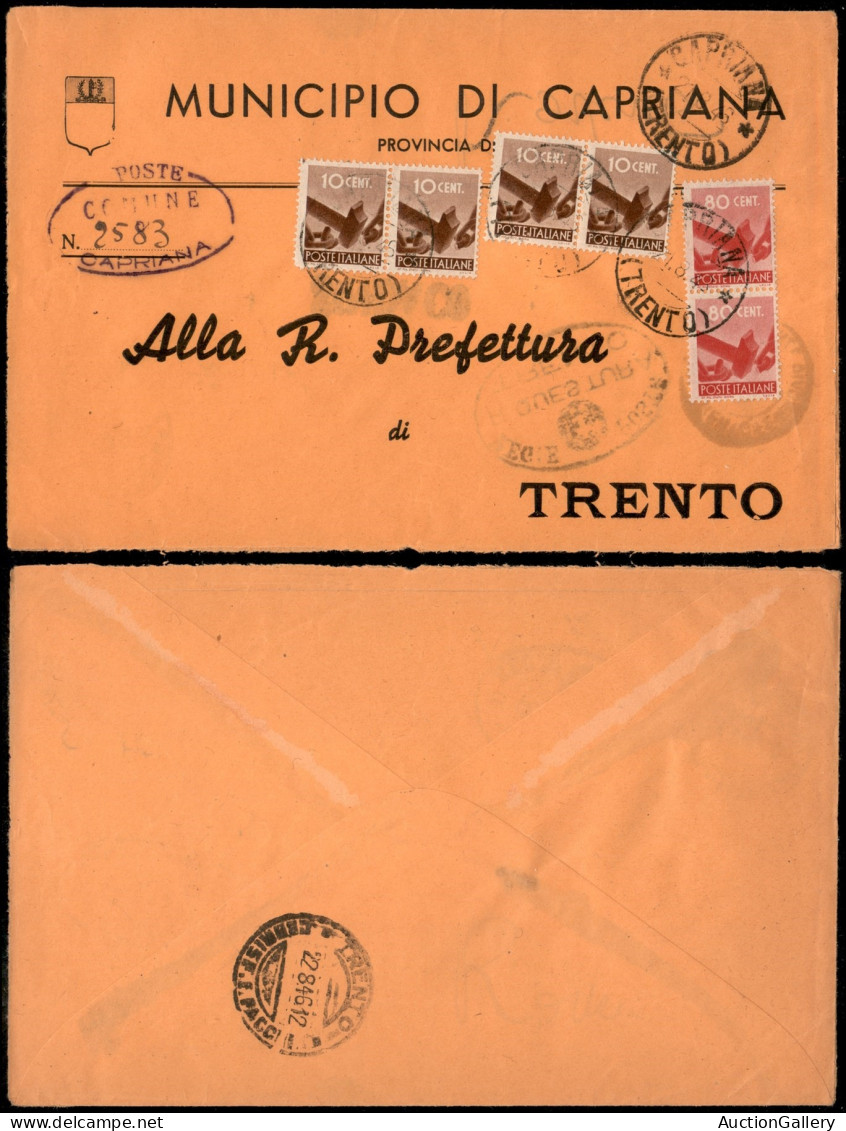 Repubblica - Quattro 10 Cent (543) + Coppia Del 80 Cent (549) - Busta Da Capriana Del 21.8.46 - Autres & Non Classés