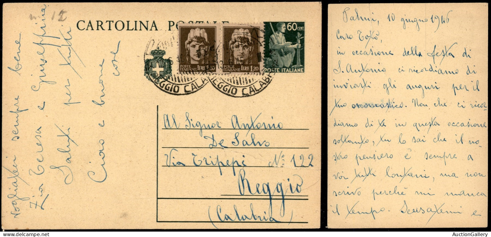 Repubblica - 12 Giugno 1946 - Cartolina Postale Da Palmi A Reggio - Strappo In Basso - Andere & Zonder Classificatie