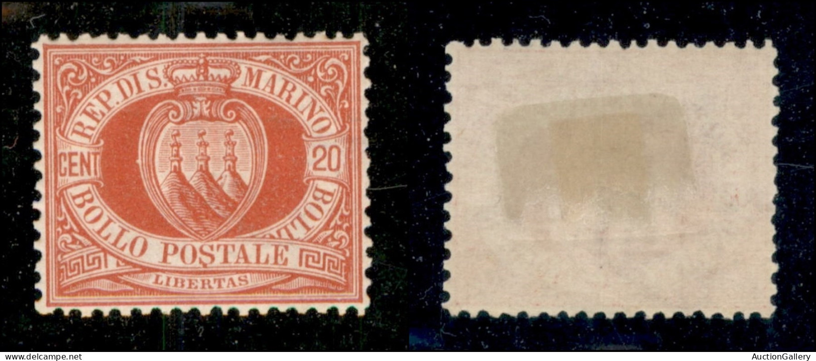 SAN MARINO - 1877 - 20 Cent Stemma (4) - Gomma Originale - Ottimamente Centrato (240) - Other & Unclassified