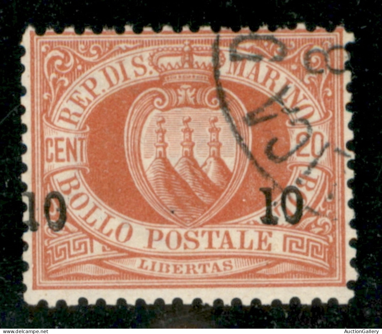 SAN MARINO - 1892 - 10 Cent Su 20 Cent Stemma (11 Varietà) - Soprastampa Spostata In Basso E A Sinistra - Usato - Non Ca - Otros & Sin Clasificación