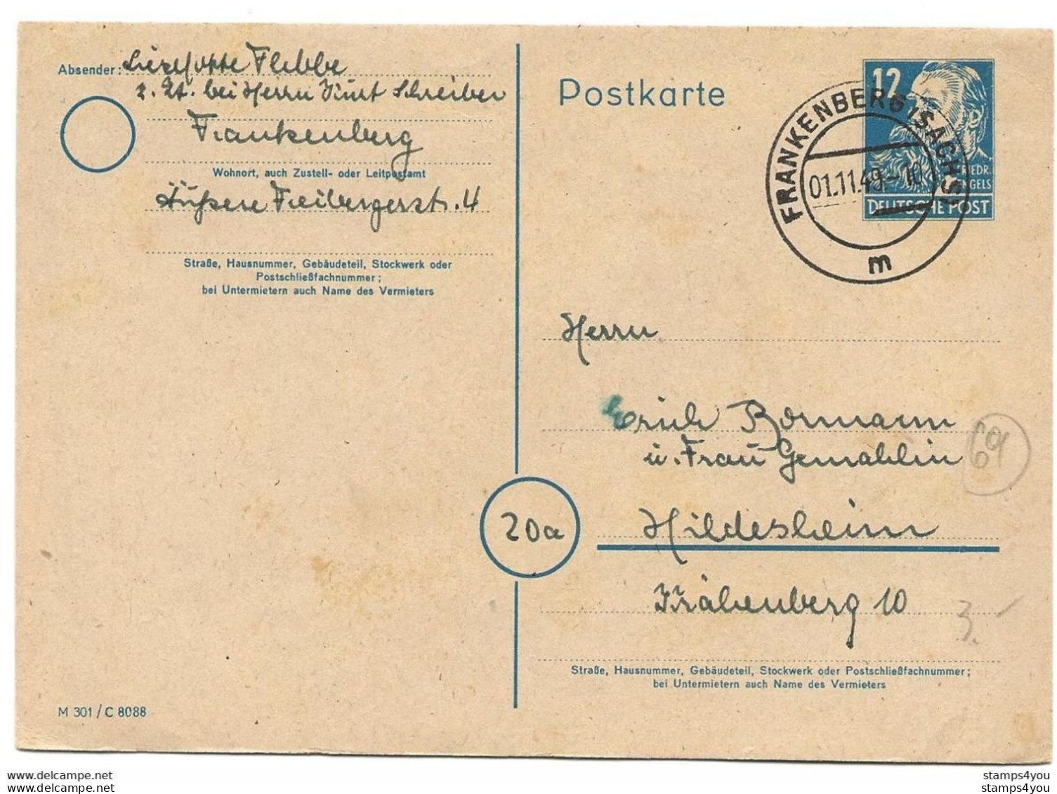 134 - 69 - Entier Postal Envoyé De Frankenberg 1949 - Ganzsachen