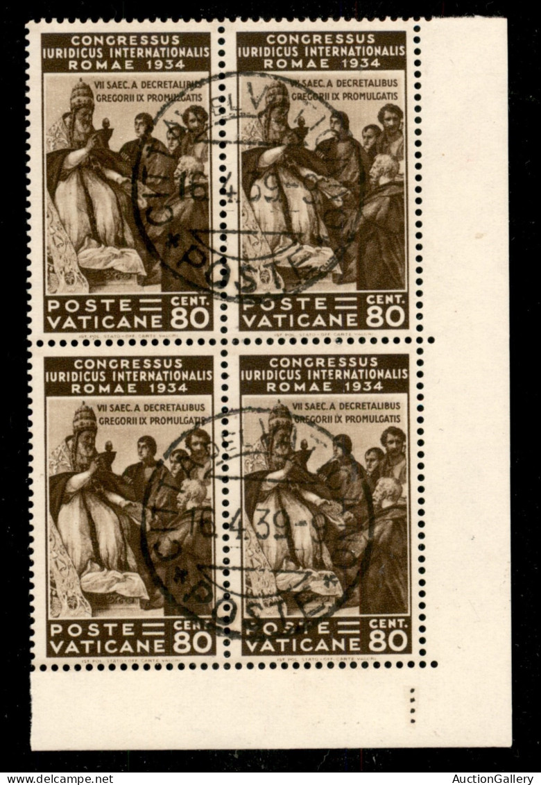 VATICANO - 1935 - 80 Cent Giuridico (45) - Quartina Angolare Usata - Otros & Sin Clasificación