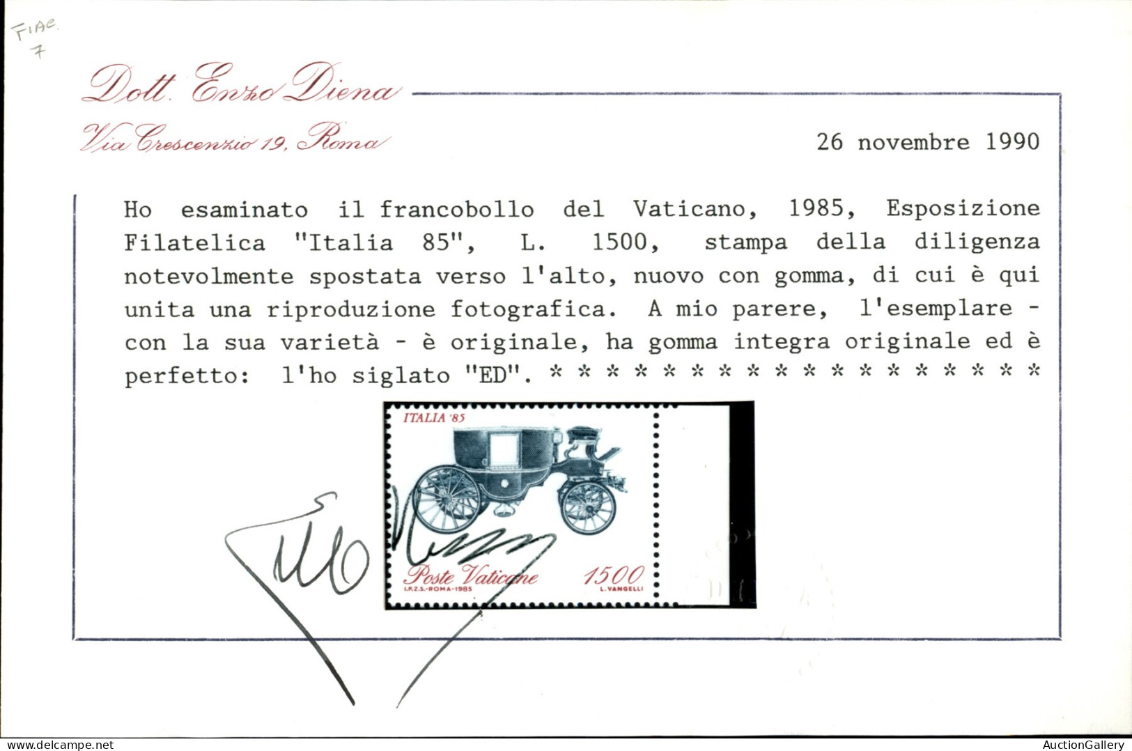 VATICANO - 1985 - 1.500 Lire Italia '85 (785a) - Carrozza In Alto - Bordo Di Foglio - Gomma Integra - Cert. Diena - Andere & Zonder Classificatie