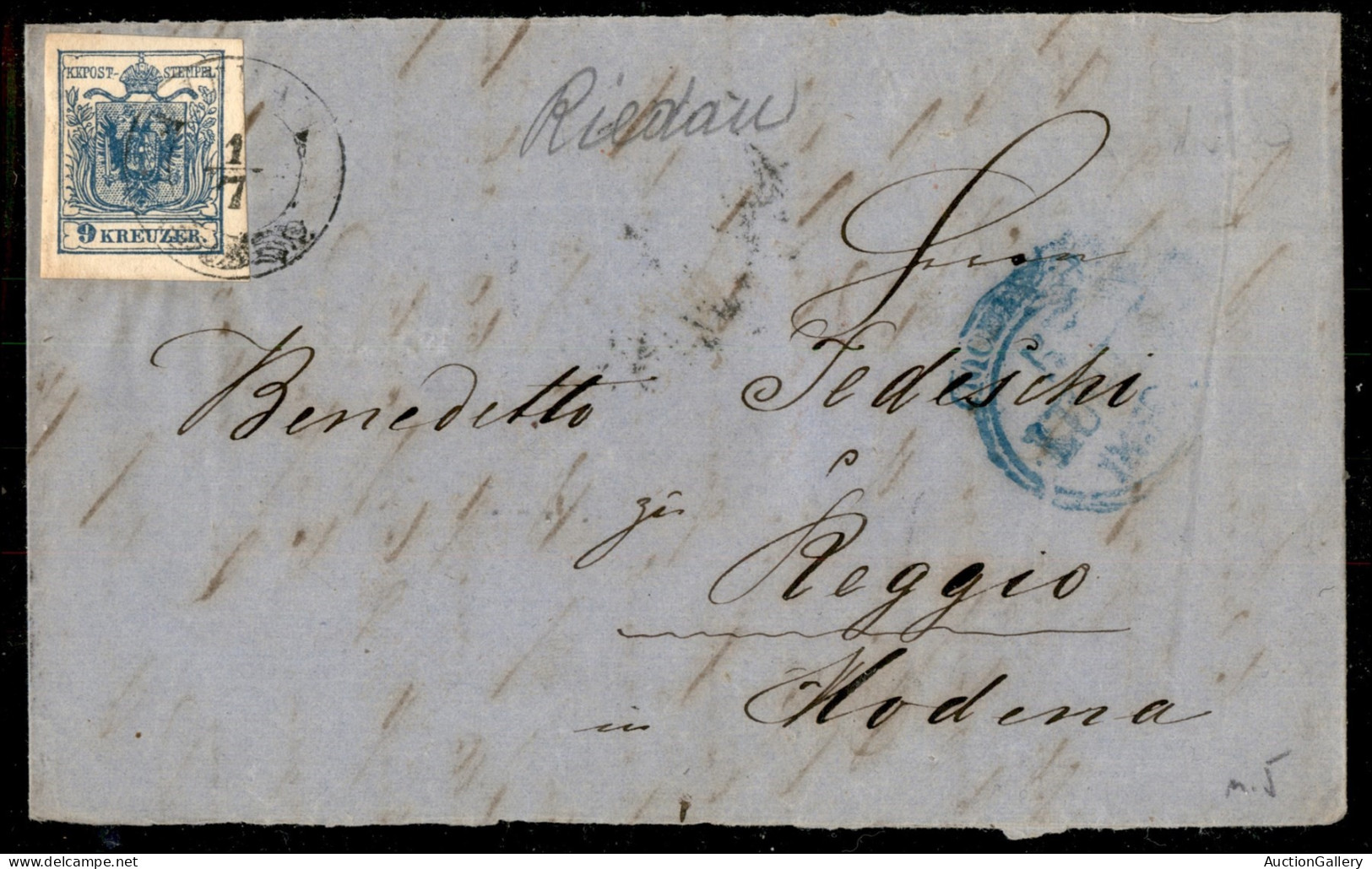 EUROPA - AUSTRIA - 9 Kreuzer (5y) Su Involucro (a Fascetta) Di Lettera Da Rideau A Reggio Del 1.7.1858 - Other & Unclassified