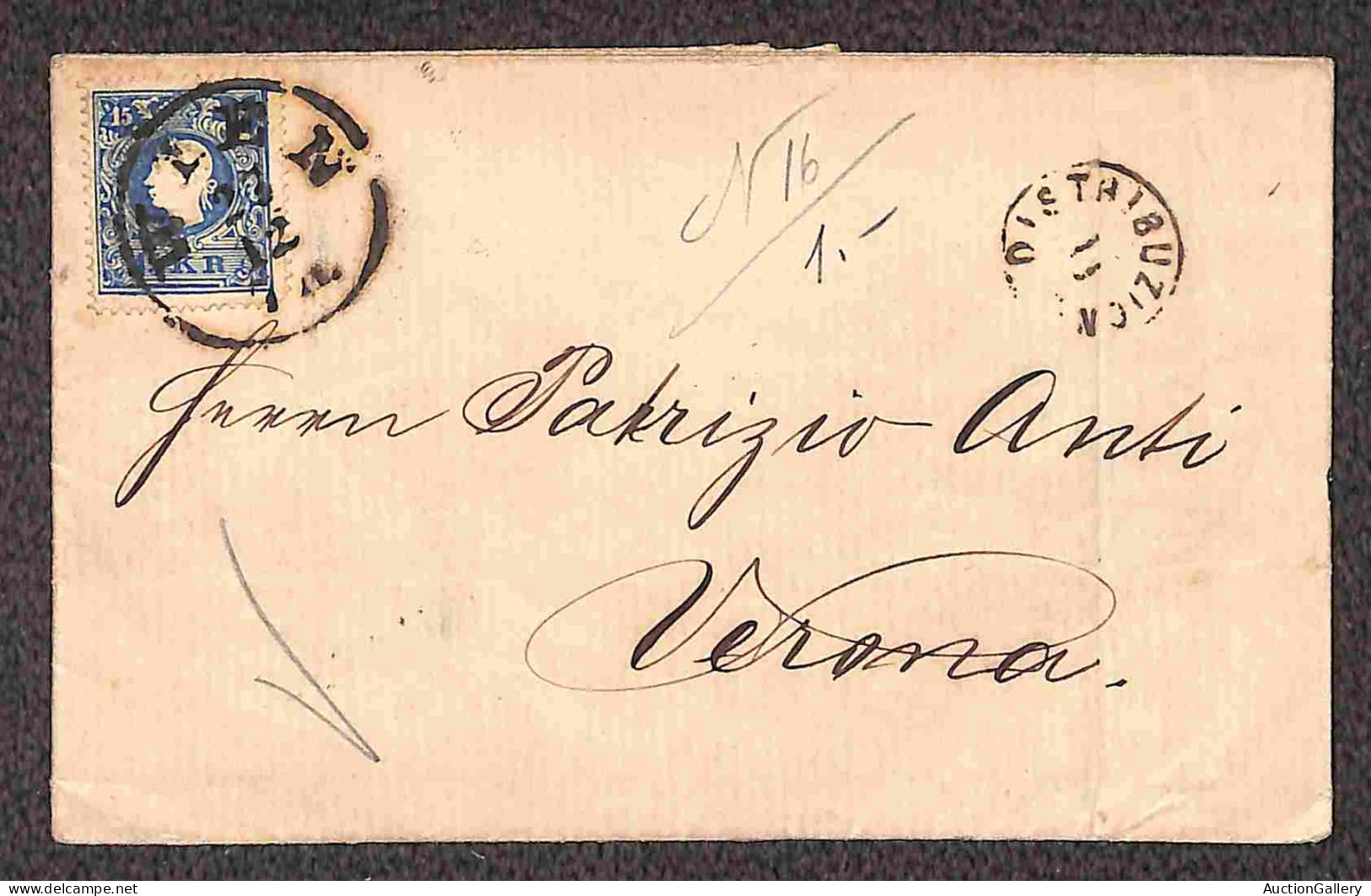 EUROPA - AUSTRIA - Distribuzione II (P.ti 4) apposto in arrivo a Verona - cinque lettere da Vienna col 15 kreuzer (15/II