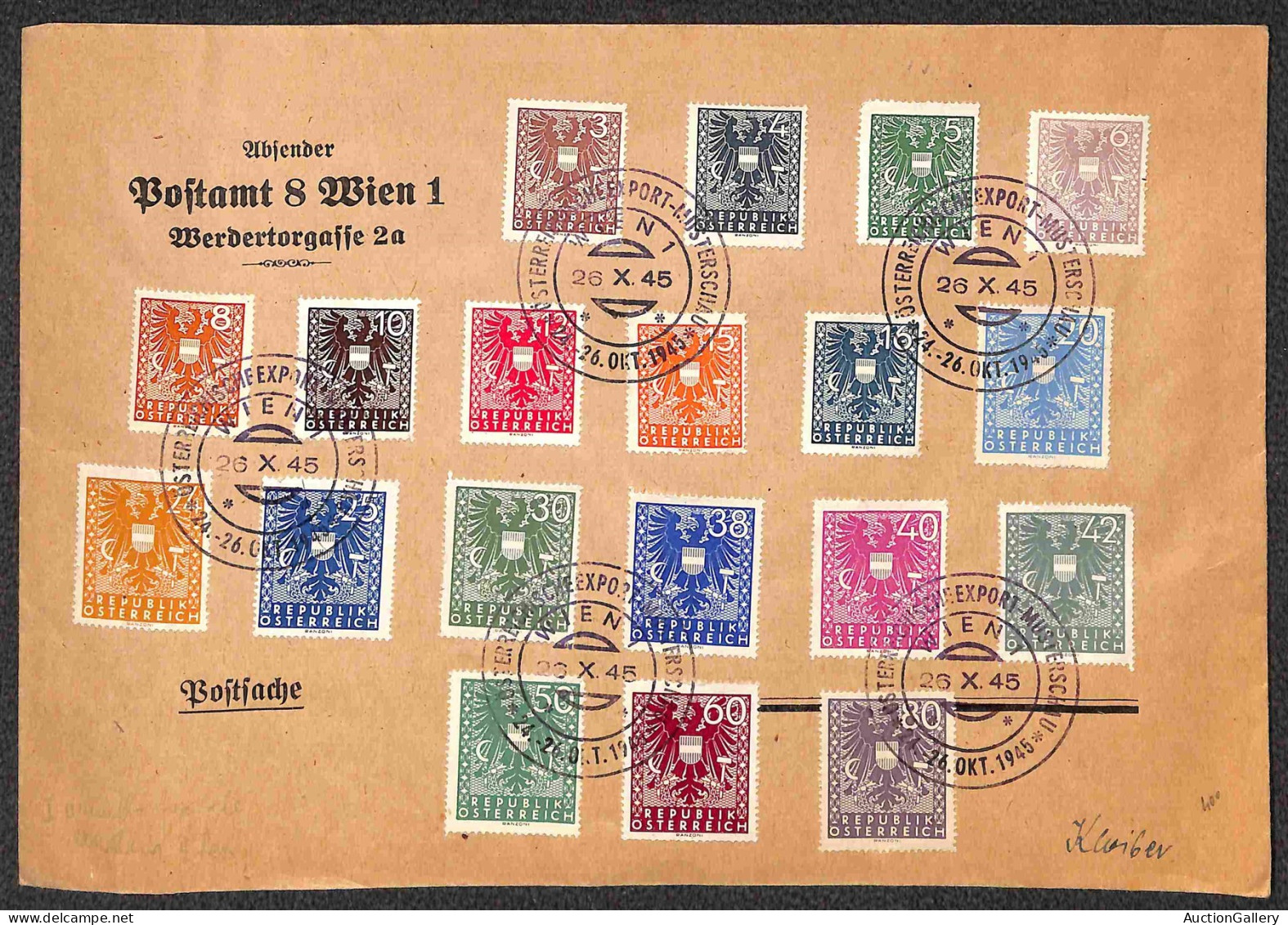 EUROPA - AUSTRIA - 1945 (26 Ottobre) - Export Muster - Stemma (697/715) - 19 Valori Usati Su Busta - Other & Unclassified