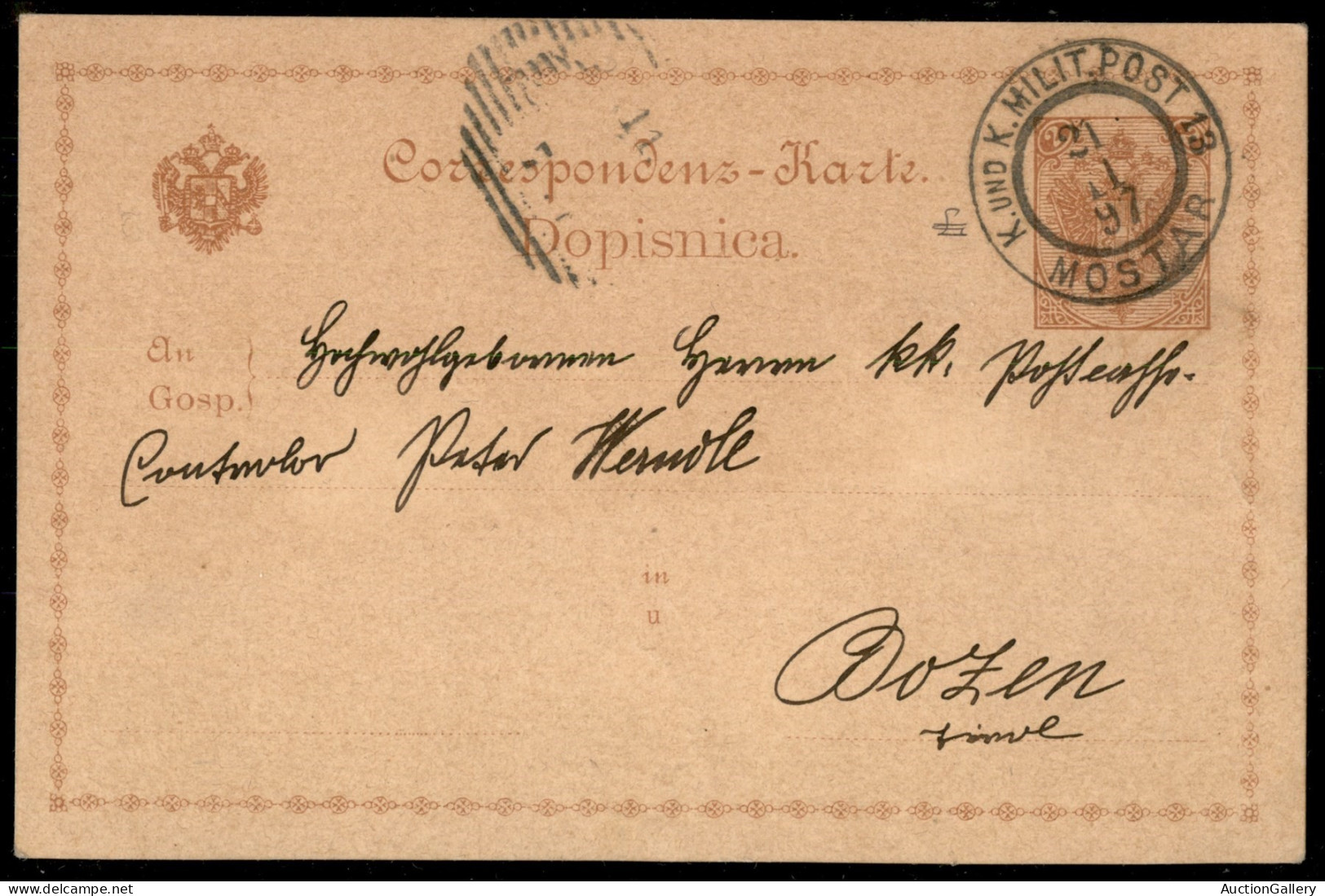 EUROPA - AUSTRIA - Mostar K. Und K. Milit. Port 13 - Cartolina Postale Per Bolzano Del 21.11.1897 - Autres & Non Classés