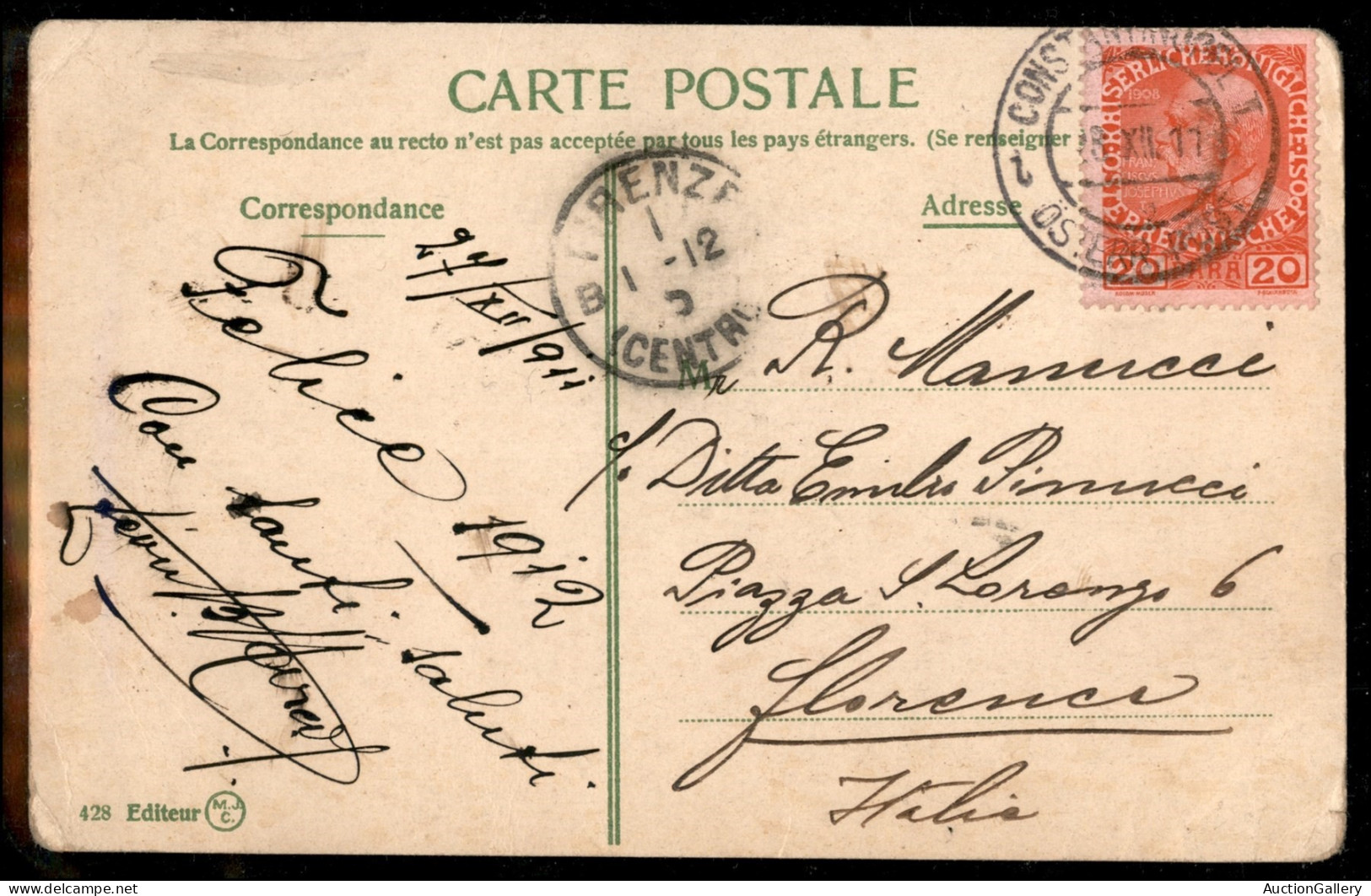 EUROPA - AUSTRIA - 20 Para (54) Su Cartolina Da Costantinopoli A Firenze Del 28.12.1911 - Other & Unclassified