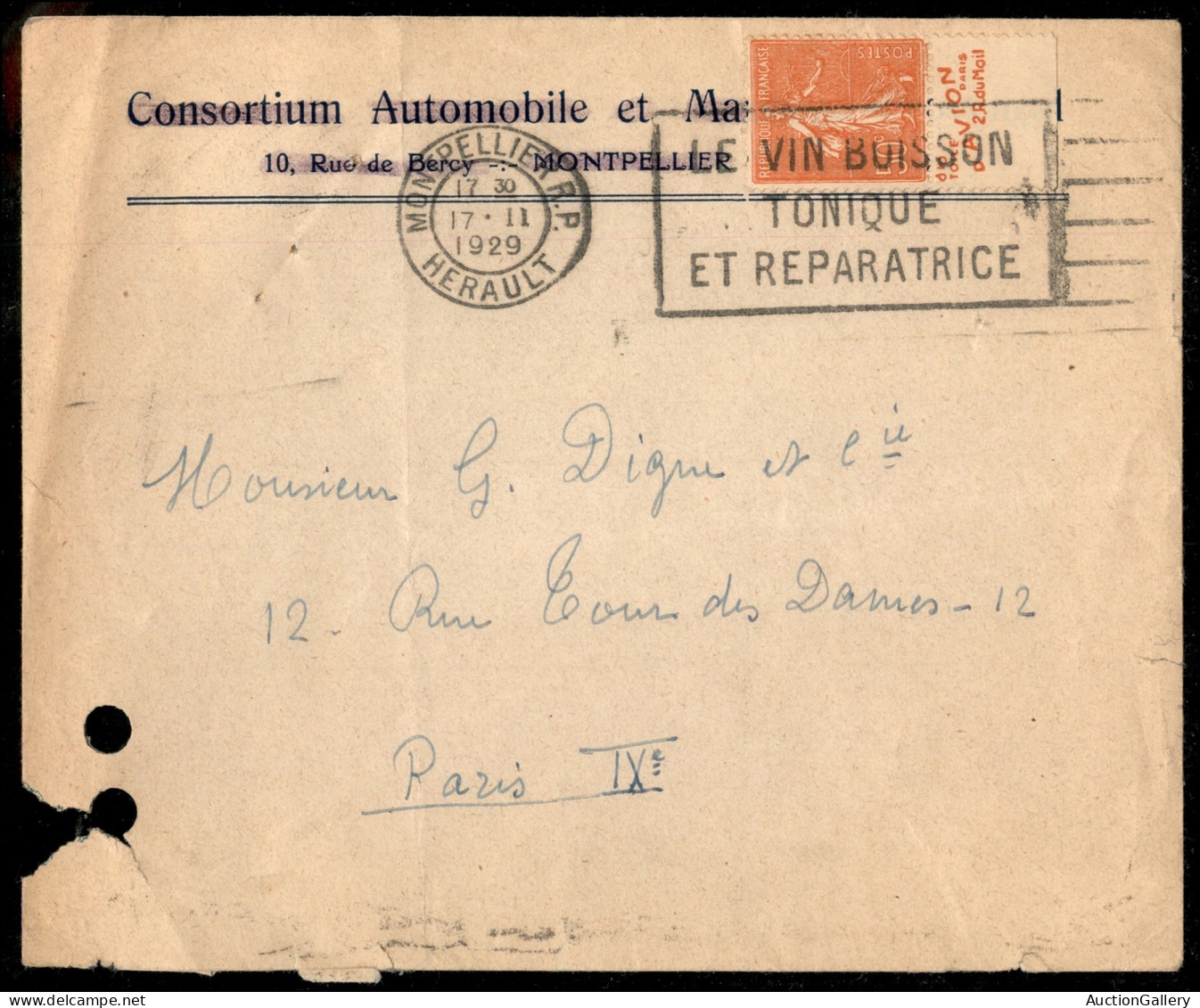 EUROPA - FRANCIA - 50 Cent (161) Con Banda Pubblicitaria - Busta Da Montpellier A Parigi Del 17.2.29 - Andere & Zonder Classificatie