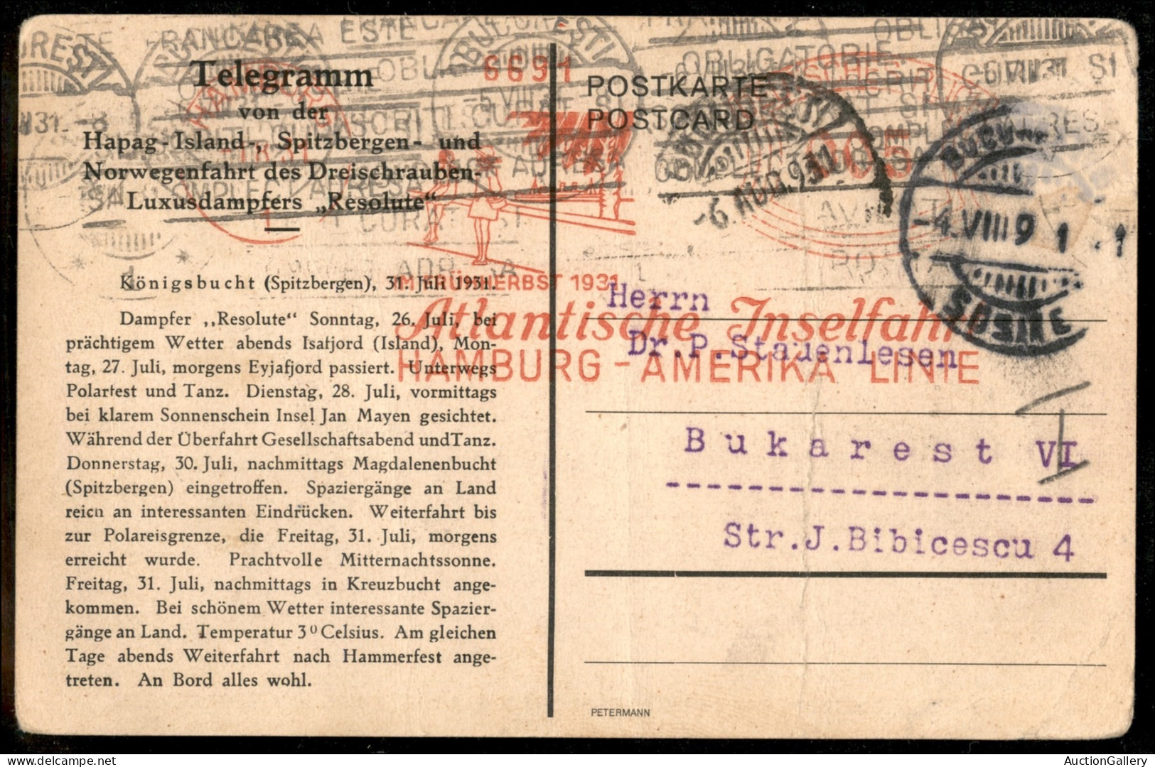 EUROPA - GERMANIA - Amburg Amerika Linie - Cartolina Per Bucarest Del 1.8.31 - Other & Unclassified