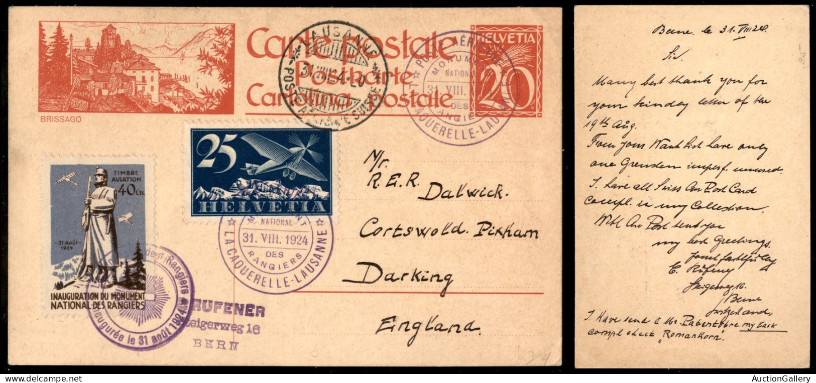 EUROPA - SVIZZERA - 1924 (31 Agosto) - Laquerelle Losanna - Cartolina Postale Per Darking - Other & Unclassified