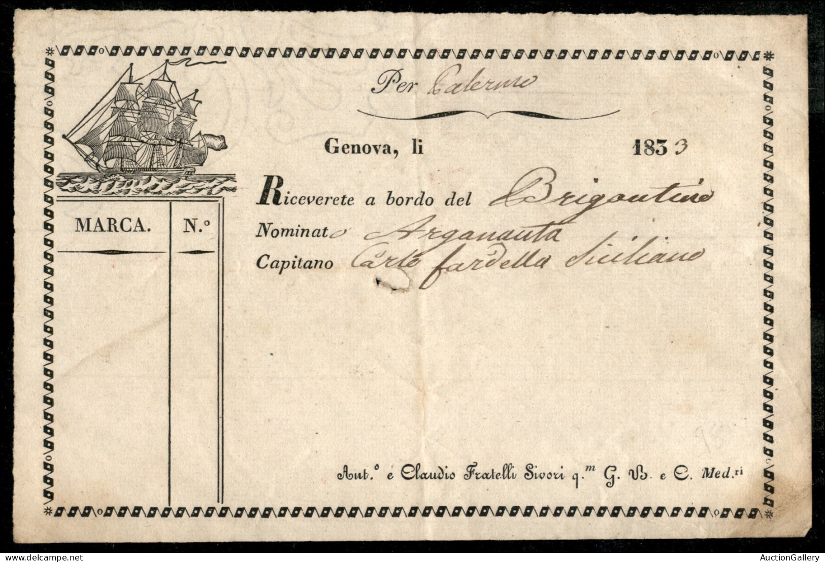 Documenti E Varie - 1853 - Genova - Biglietto Per Palermo Col Brigantino Arganauta - Sonstige & Ohne Zuordnung