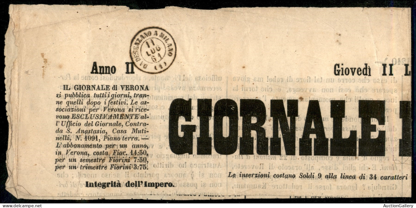 Documenti E Varie - Da Desenzano A Milano 1 (P.ti 8) - Testata Del Giornale Di Verona Del 11.7.1861 - Otros & Sin Clasificación