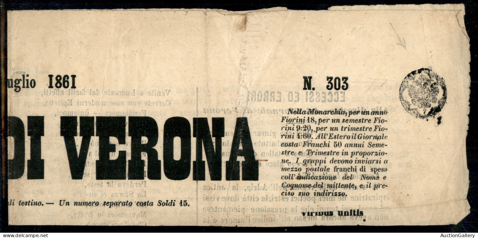 Documenti E Varie - Da Desenzano A Milano 1 (P.ti 8) - Testata Del Giornale Di Verona Del 11.7.1861 - Otros & Sin Clasificación