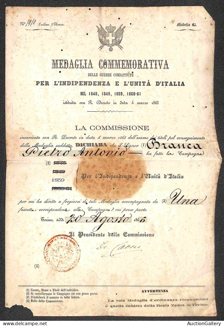 Documenti E Varie - 1866 - Medaglia Commemorativa Delle Guerre D'Indipendenza 1848/1861 - Decreto Di Conferimento Per La - Other & Unclassified