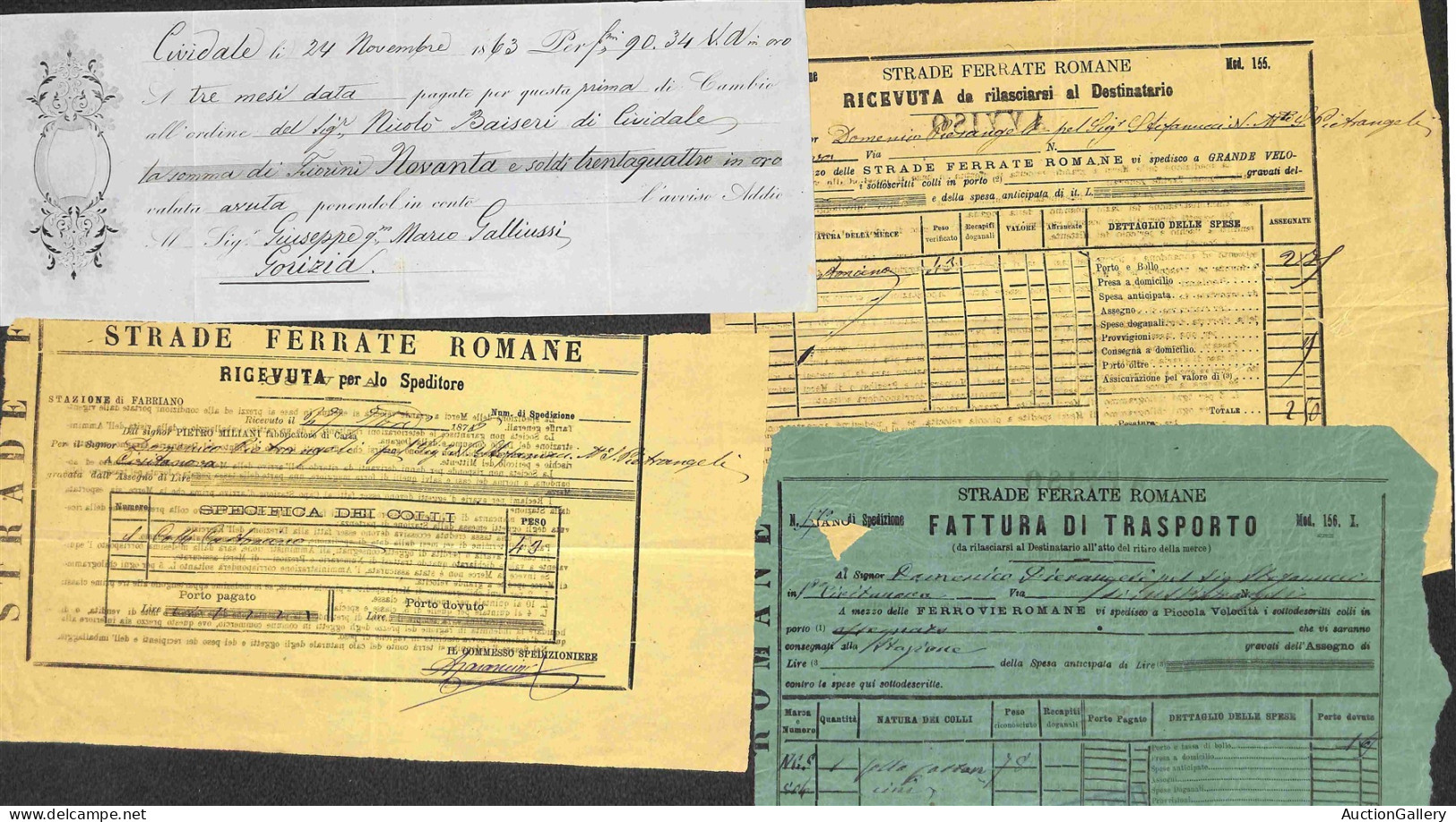 Documenti E Varie - 1876/1878 - Miliani Fabriano - 4 Fatture Con 5 Ricevute Di Spedizione E Prima Di Cambio Del Periodo  - Andere & Zonder Classificatie