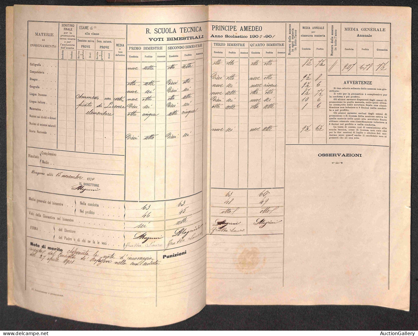 Documenti E Varie - Regia Scuola Tecnica Bergamo - 1900/1902 - 2 Pagelle Scolastiche (I E II Classe) - Andere & Zonder Classificatie