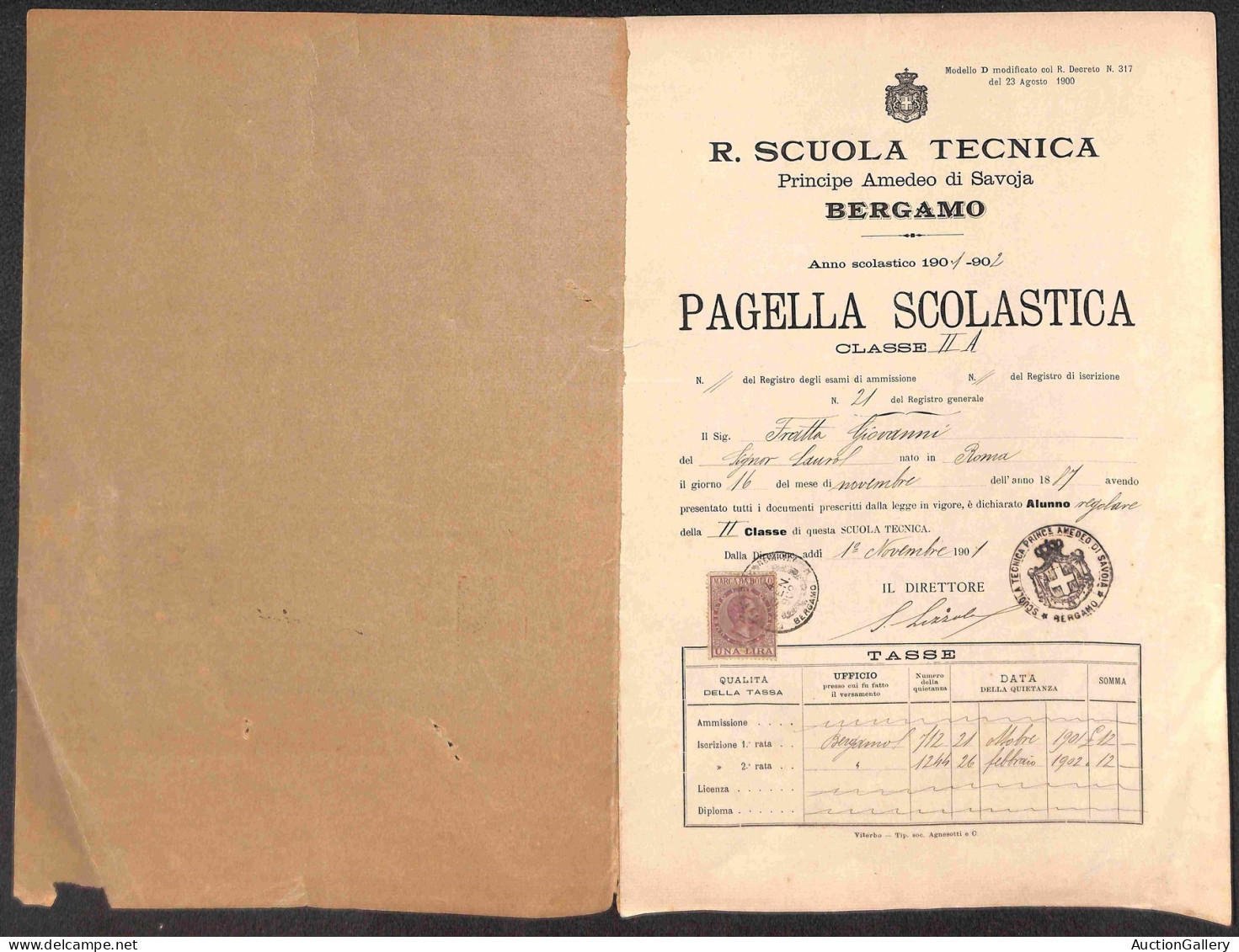 Documenti E Varie - Regia Scuola Tecnica Bergamo - 1900/1902 - 2 Pagelle Scolastiche (I E II Classe) - Otros & Sin Clasificación