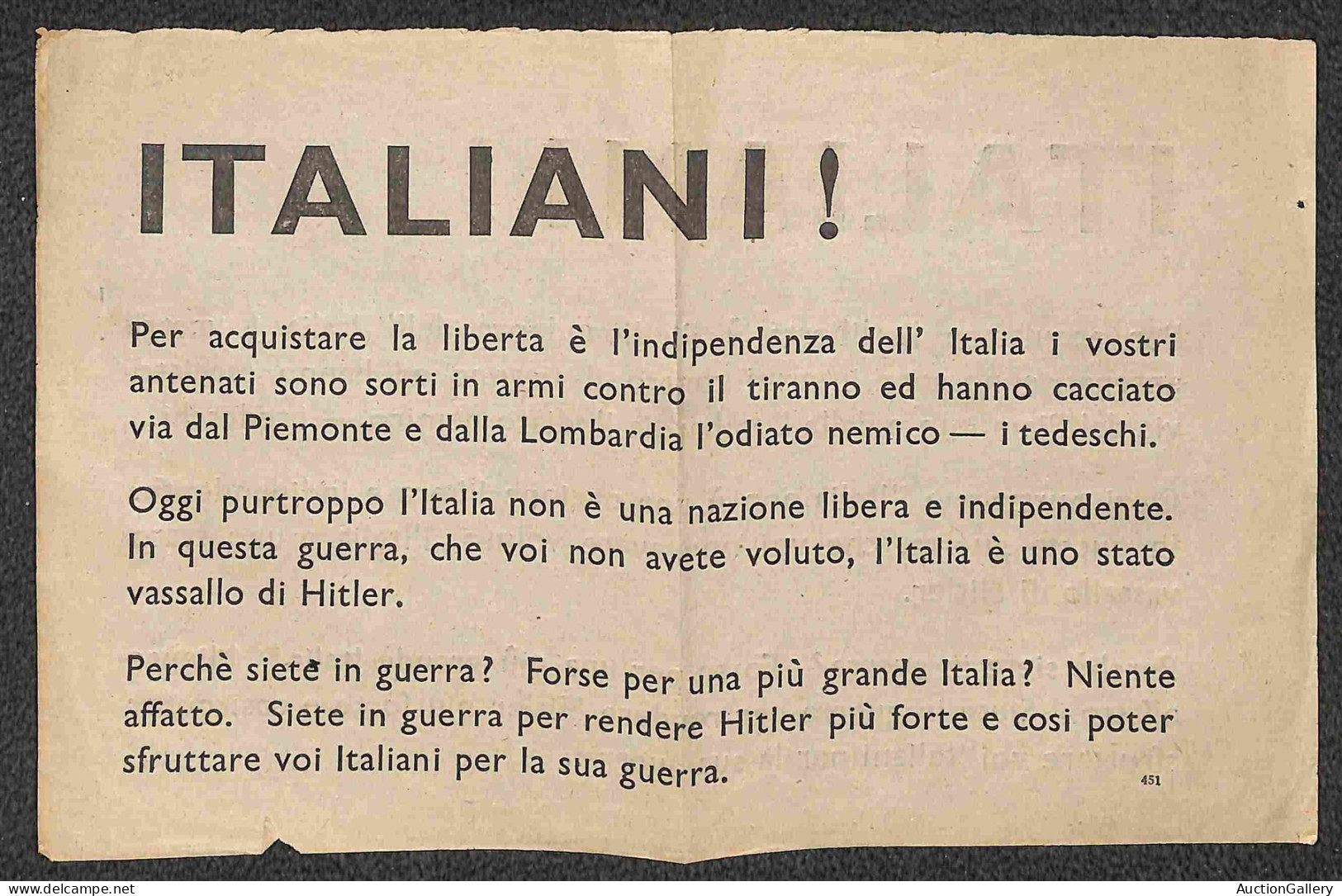 Documenti E Varie - 1940 - Italiani! - Volantino Antitedesco - Autres & Non Classés