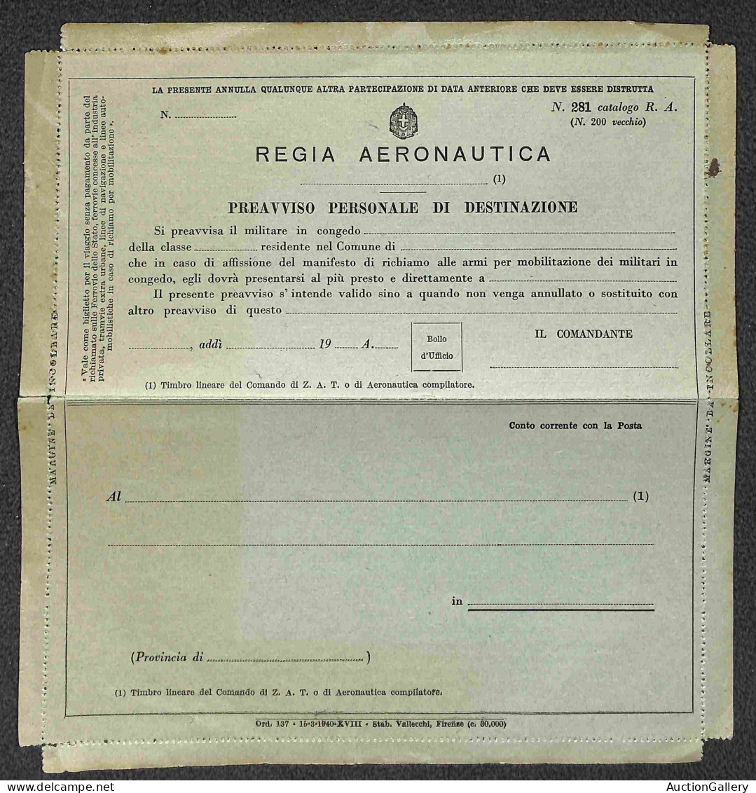 Documenti E Varie - Regia Aeronautica - Preavviso Personale Di Destinazione - Intera Busta Lettera Nuova - Otros & Sin Clasificación