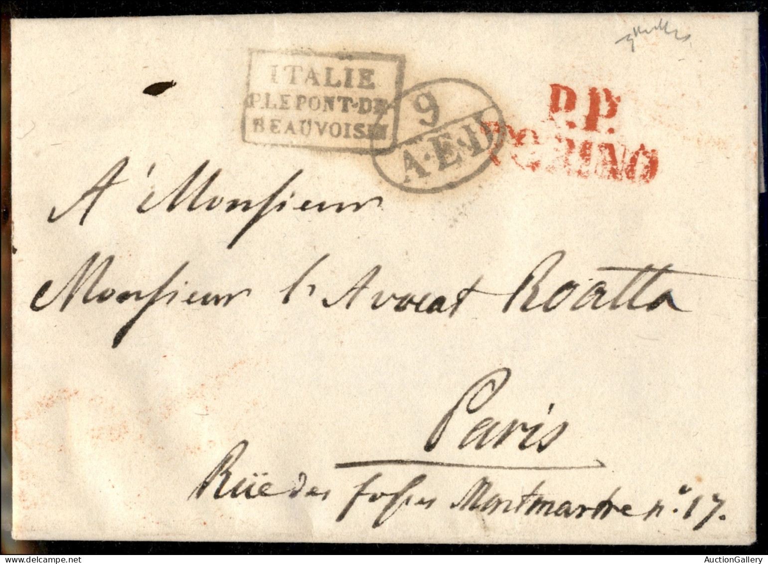 Prefilateliche - P.P. Torino (rosso) - Lettera Per Parigi Del 16.12.1830 - Chiavarello - Autres & Non Classés