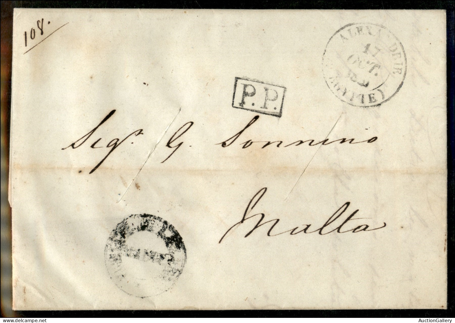 Prefilateliche - Alexandrie + P.P. + Purifie Au Lazaret Malta - Lettera Del 16.10.1841 Con Tagli Di Disinfezione - Sonstige & Ohne Zuordnung