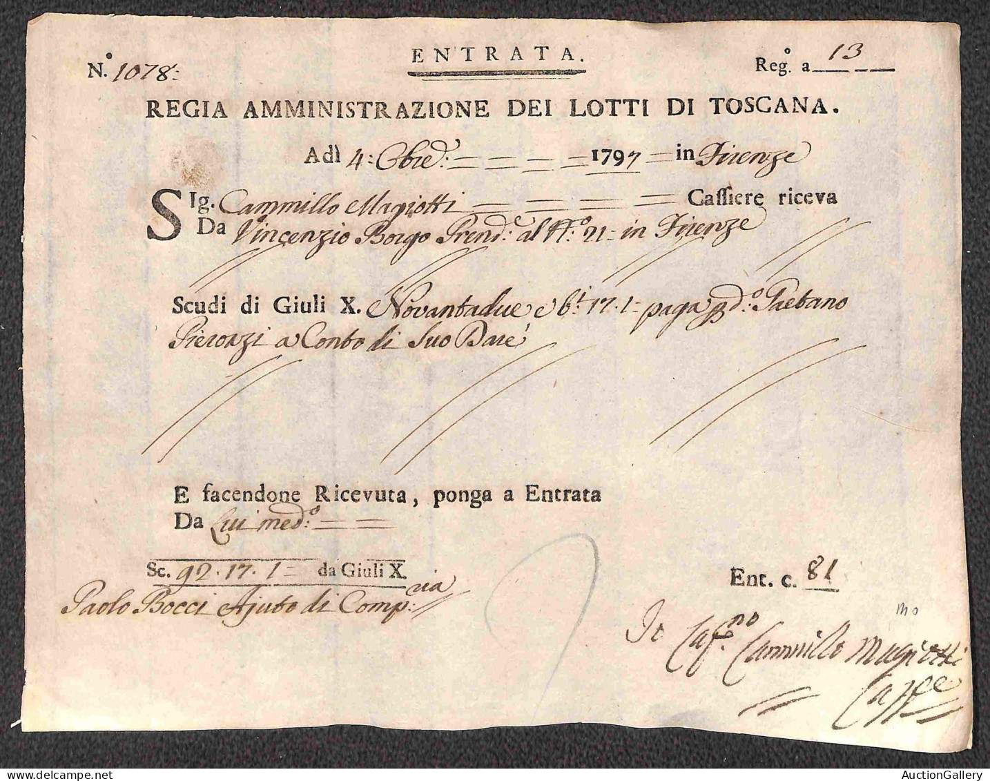 Prefilateliche - 1797 (4 Ottobre) - Regia Amministrazione Dei Lotti Di Toscana - Ricevuta N. 1078 - Sonstige & Ohne Zuordnung