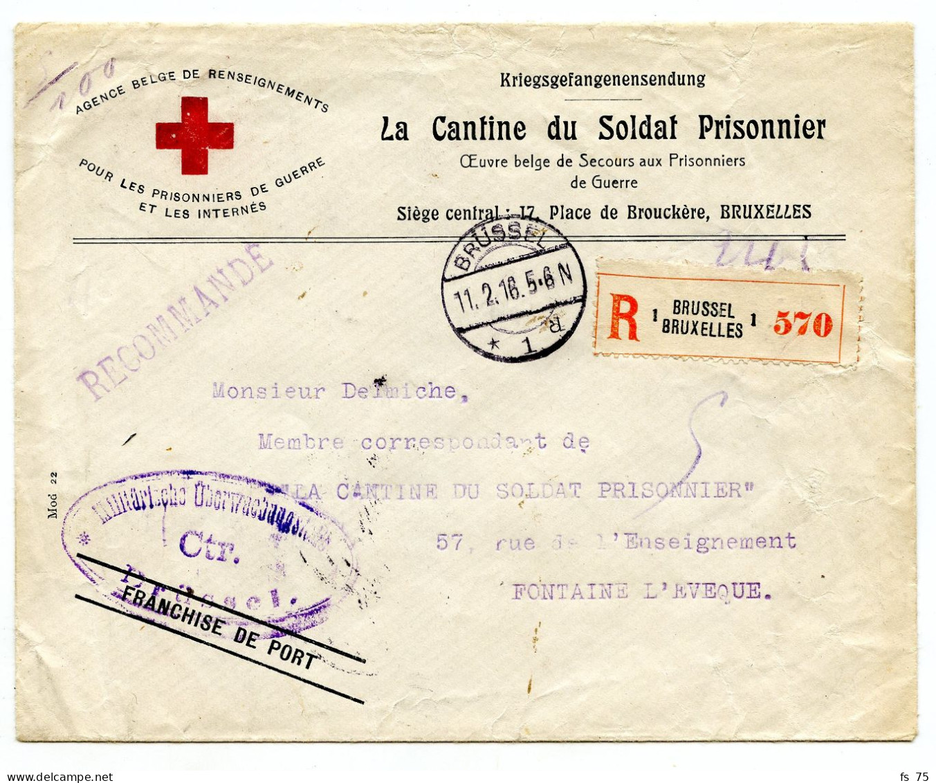 BELGIQUE - LETRE RECOMMANDEE EN FRANCHISE EN-TETE CANTINE DU SOLDAT PRISONNIER BRUXELLES, 1916 - Armée Belge