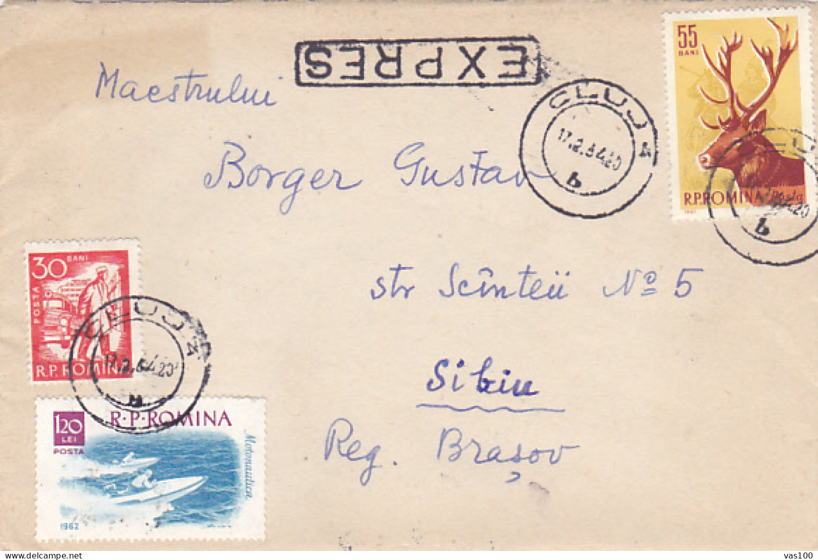 DOCTOR, SPEEDBOAT, DEER, STAG, STAMP ON COVER, 1964, ROMANIA - Cartas & Documentos